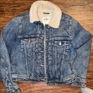 Hollister Blue Denim Jacket with White Sherpa Collar